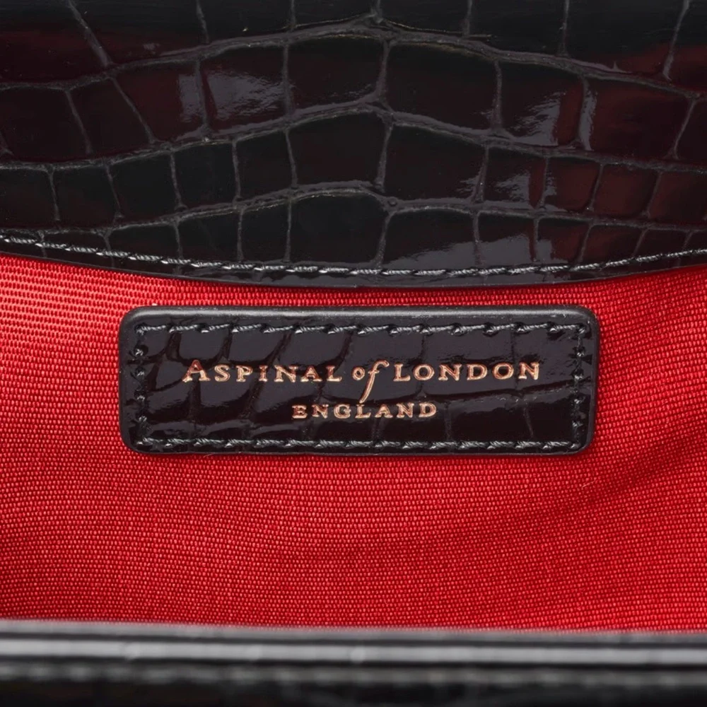 Aspinal of London Midi Mayfair Black Patent Croc Top Handle Crossbody Chain Bag